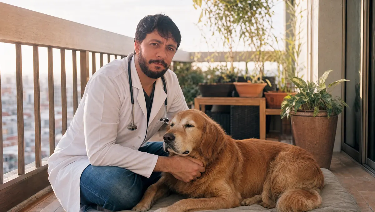 Rafael Holanda sentado no chão de uma varanda ao lado de um golden retriever idoso deitado na almofada, com a mão no pescoço do cão
