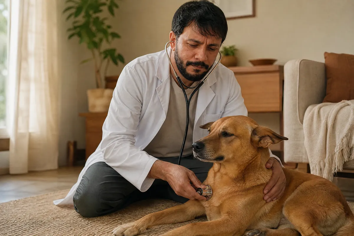 Rafael Holanda ajoelhado na sala de uma casa, com a mão no peito de um cachorro caramelo deitado no tapete