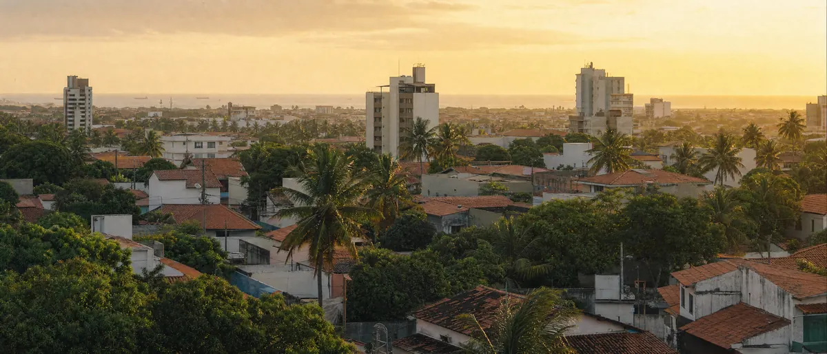 Vista de fim de tarde de um bairro residencial de Fortaleza, com casas, prédios, coqueiros e o mar ao fundo
