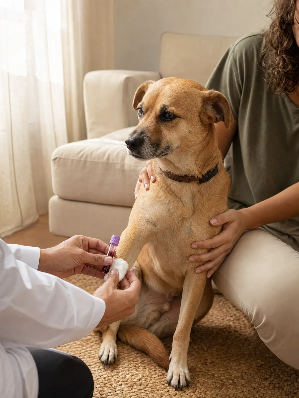Coleta de sangue em casa: as mãos do veterinário seguram o tubo junto à pata de um cachorro caramelo sentado no tapete, apoiado pelas mãos da tutora
