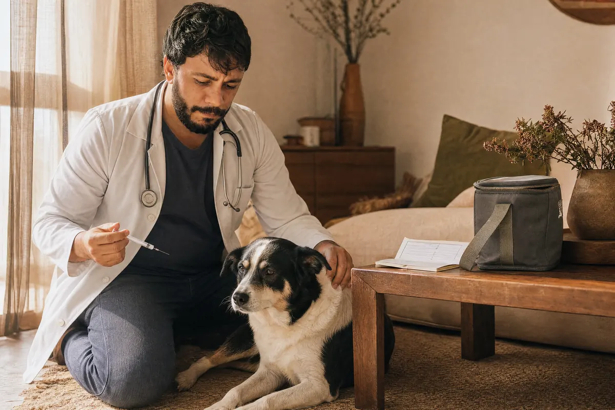 Rafael Holanda ao lado de um cachorro preto e branco na sala, com a carteira de vacinação e a bolsa de atendimento sobre a mesa