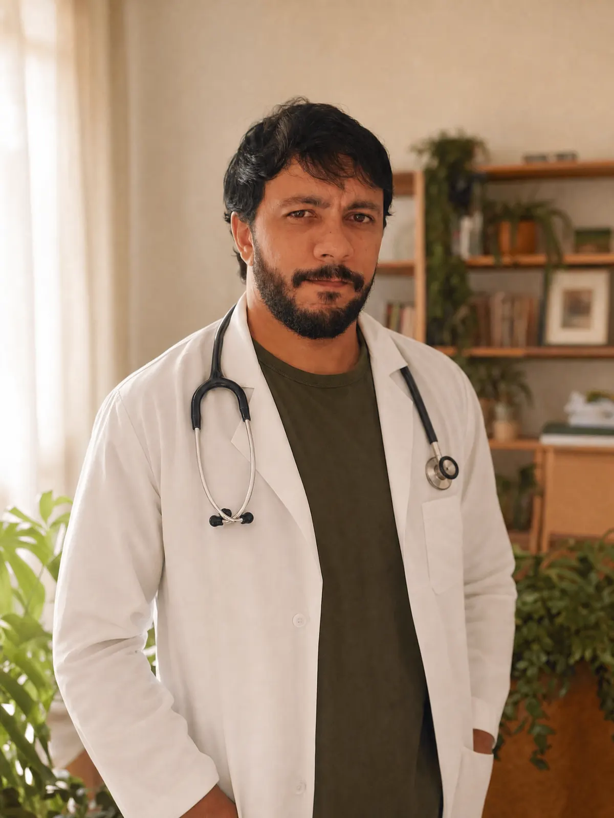 Retrato de Rafael Holanda, médico veterinário, em uma sala iluminada, encostado em uma estante de madeira