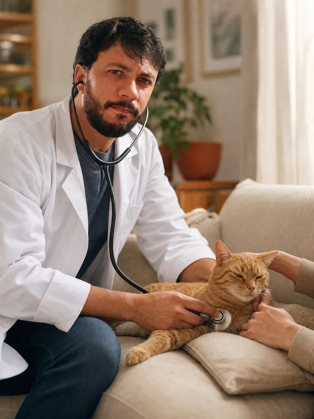 Rafael Holanda sentado no sofá auscultando um gato laranja deitado na almofada, com as mãos da tutora apoiadas no gato